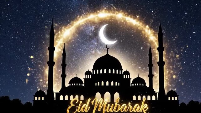 Silhouette of mosque with eid mubarak text on starry night background