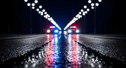 Police Night Patrol: Blurry police cars with flashing red and blue lights on wet asphalt road, law enforcement emergency, public safety and crime prevention concept