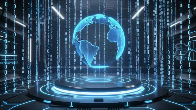 Digital Earth highlighting Americas above futuristic platform, cascading binary code streams symbolizing global connectivity and digital transformation.