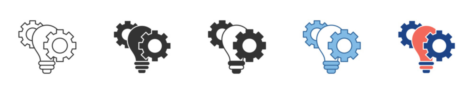 Conceptual vector icons illustrating the dynamic interplay of a lightbulb and gears, symbolizing innovation, creative problem-solving, and strategic development processes