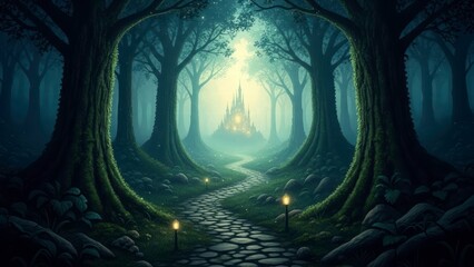 Obraz premium Enchanted Forest Pathway: A mystical stone pathway leads toward a distant castle, nestled within a magical forest, creating a sense of wonder and adventure.