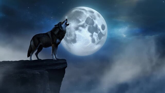 A lone wolf howls its ancient song at the luminous full moon, perched on a rugged cliff under a mystical night sky, embodying the untamed spirit of the wild