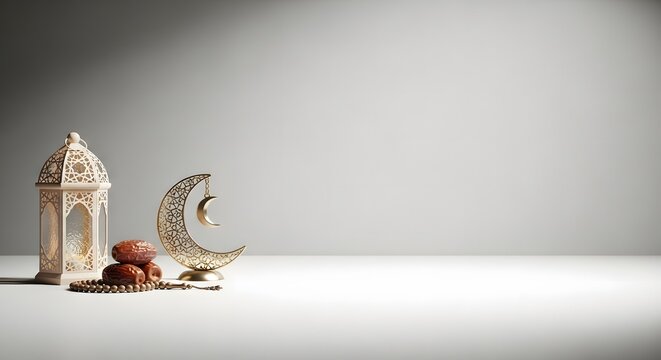 Elegant ramadan still life with lantern, crescent moon, dates and tasbih on white background. Minimalist banner concept with copy space.
