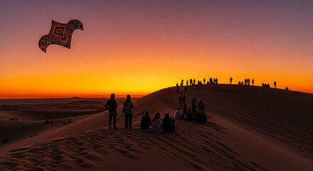 Panoramic view of sand dune at sunset with silhouette of people and a kite, representing adventure, freedom, and connection with nature