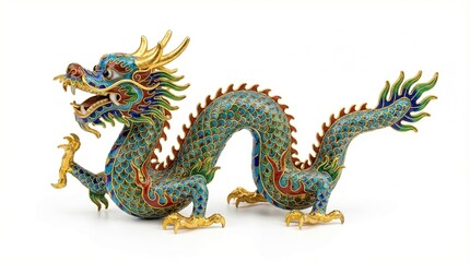 Obraz premium Curved dragon decorative sculpture in enamel style, ultra detailed gold filigree, isolated on pure white background, clean stock style lighting 