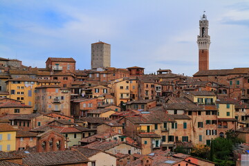 Naklejka premium Siena, medieval town in Tuscany, with view of the Dome & Bell Tower of Siena Cathedral, Italy