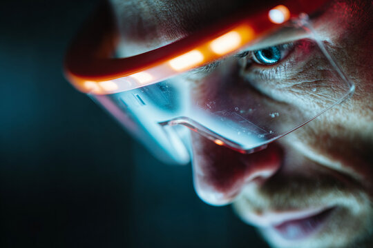 Tilted dutch-angle portrait of a hacker in a workshop filled with electronic components