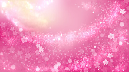 春のピンクきらめき桜スパークル背景：桜シルエットとラメのような輝きを散りばめた、華やかなピンクのグラデーション背景。SNS映えする透明感と上品なきらめきが特徴。シール帳、文具、食器、インテリア雑貨、ポスター、壁紙など幅広い商品デザインに使える春向け素材。