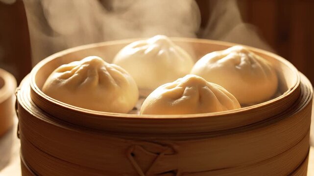 Steamed dumplings in bamboo steamer basket.
