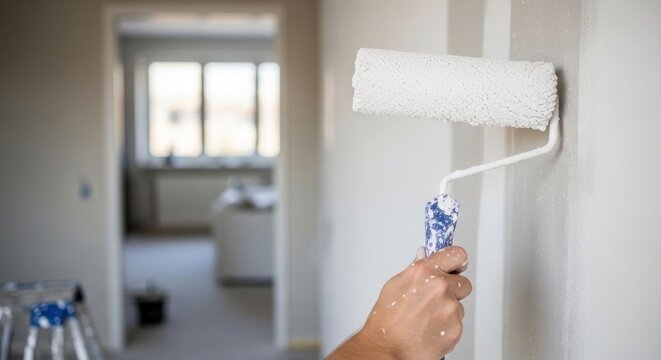 Hand using a paint roller applying white paint to a wall