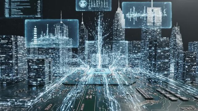 Digital Cityscape - Futuristic Technology and Data Flow Visualization.