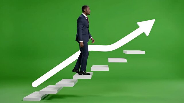 A man in a business suit stepping up on blocks with a large white arrow on a green background, symbolizing growth and progress in business and finance