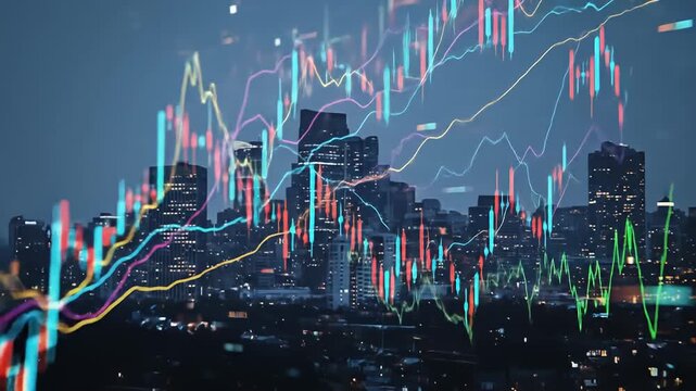 Night cityscape underlayed with vibrant financial chart indicators, lights blurring