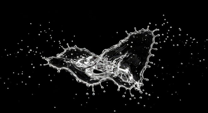 Liquid substance forms a dynamic, symmetrical splash with scattered droplets against a dark background