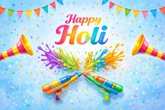 Plastic water guns spraying colorful liquid alongside party horns and falling confetti during a cheerful happy holi celebration matching holika dhan and rang panchami festivities