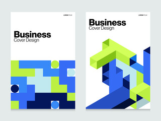 Set of modern abstract geometric business cover template design. Isometric flat design in blue and green layout