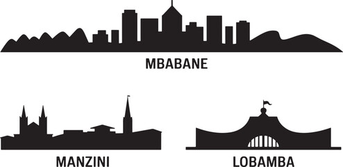 Naklejka premium Collection of swazi cities skylines mbabane manzini lobamba vector silhouette designs