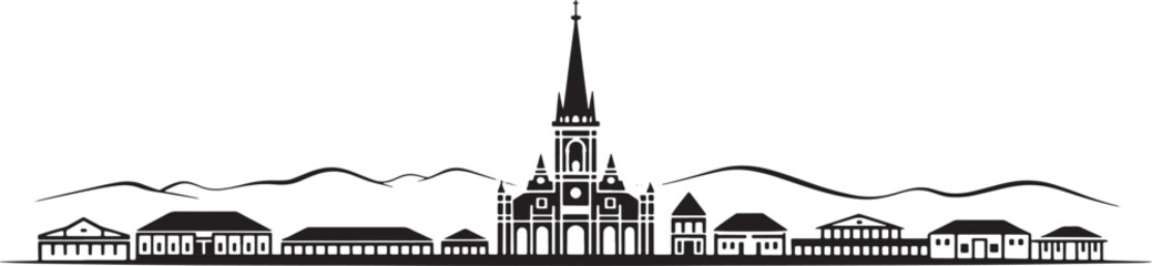 Fototapeta premium Colonial architecture skyline featuring large central cathedral and historic village houses