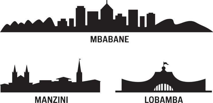 Collection of swazi cities skylines mbabane manzini lobamba vector silhouette designs