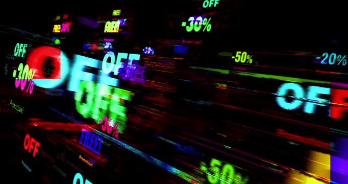 Sale and price off reduction symbol technology loop concept. Abstract sign on glitch screens seamless and looped.