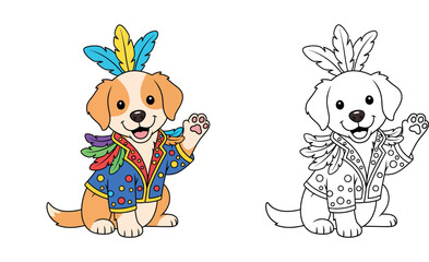 Obraz premium Cute cartoon puppy dog wearing colorful carnival costume with feathers waving paw vector