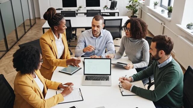 Diverse team of professionals engaged in meeting around table with laptop and documents in modern office space with minimalist decor and natural light, overhead view, collaborative work envi