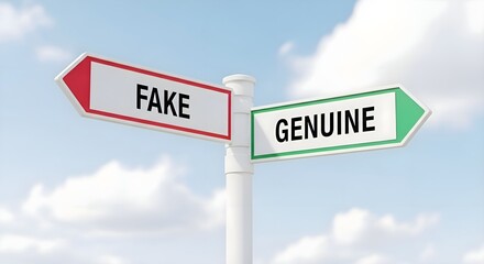 Obraz premium Decision Making Choice: Fake and Genuine road signs on white pole against blue sky, truth versus falsehood direction, authenticity and verification, honesty and trust concept