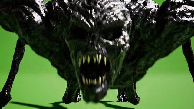 A dark creature with long legs and sharp claws on a green background