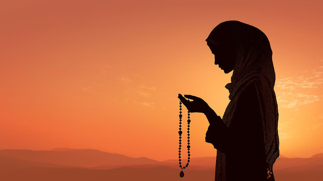 Muslim Woman Silhouette Praying with Tasbih at Sunset