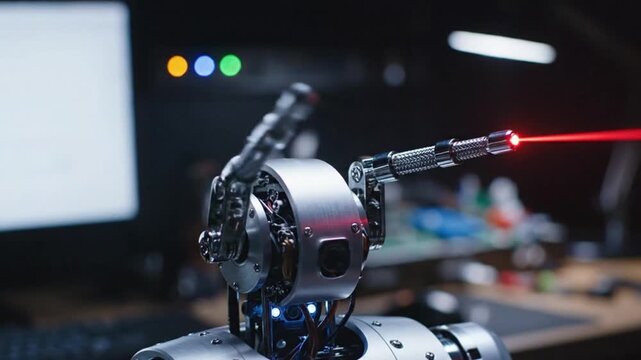 Robotic arm with laser cutting tool in a modern workshop setting, showcasing precision engineering and advanced technology with a futuristic, industrial aesthetic.