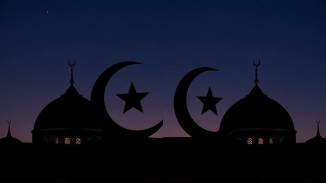 Islamic Mosque Silhouette with Crescent Moon Stars.