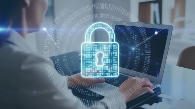 Person in office working on laptop, glowing blue lock icon with circular digital patterns symbolizing cybersecurity and data protection.