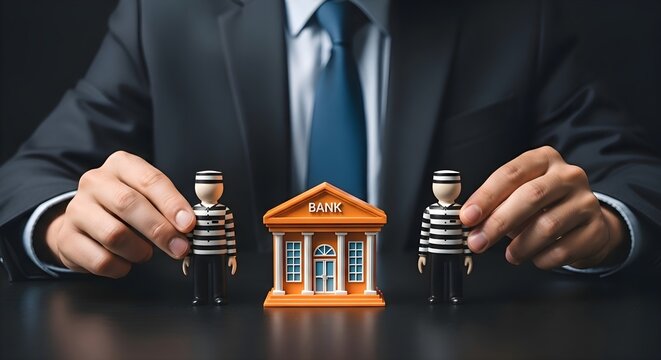 Financial Security Threat: Hands placing criminal figures beside small bank model, money laundering and bank robbery, corporate fraud risk, security and protection concept