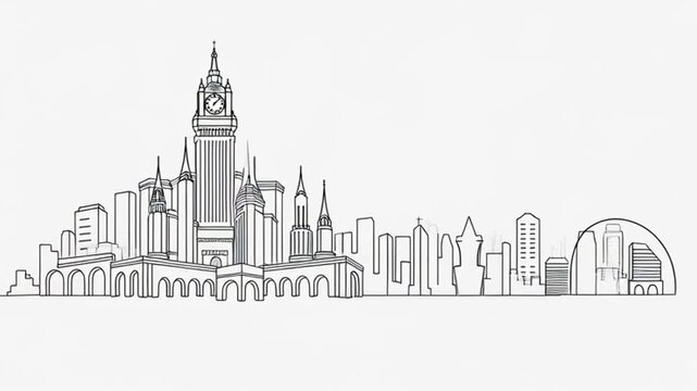 London City Skyline Illustration with Clock Tower.