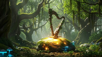 Fototapeta premium Enchanted Forest Melody: A mystical harp glows with ethereal light amidst a lush, ancient forest, inviting a sense of wonder and tranquility. 