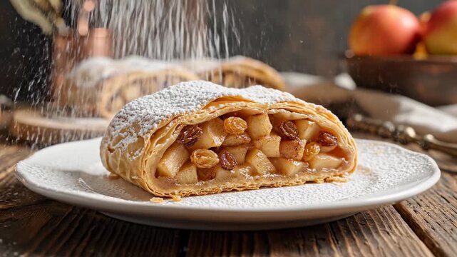 Delicious Apple Strudel Slice on a White Plate with Powdered Sugar.