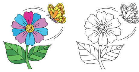 Fototapeta premium Cute cartoon yellow butterfly flying around colorful flower, happy insect vector illustration