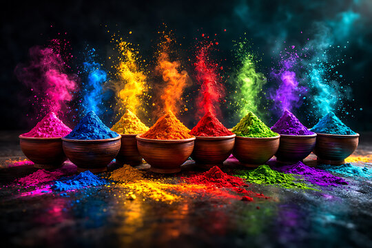 A row of earthen bowls containing colorful abir with rising mystical smoke for the artistic celebration of holi featuring customs like holika dhan rang panchami