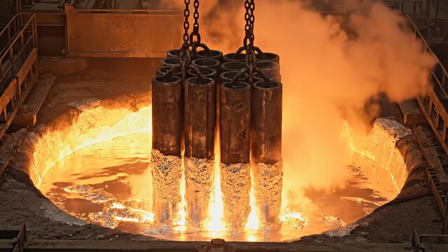 Heavy metal casting process with molten metal pouring from suspended molds into a casting pit, surrounded by smoke and industrial equipment in a manufacturing facility
