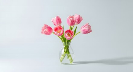 Pink tulips bouquet in glass vase on light background, fresh spring floral decoration concept