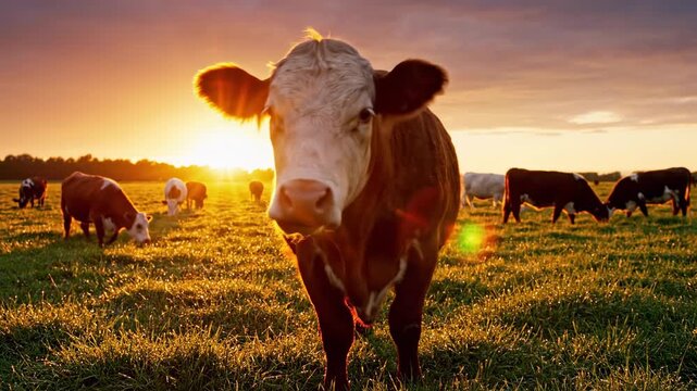 Cows Grazing in a Field at Sunset.