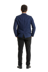 Young businessman on white background, back view