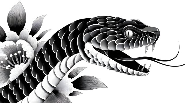 Monochrome artwork featuring a striking snake s head displaying sharp fangs and a flicking forked tongue artfully combined with ornamental floral elements evoking a sense of power and tradition