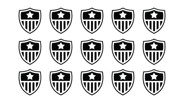 Collection of 12 bold black vector shield icons with stars and stripes on white background for security and protection concepts