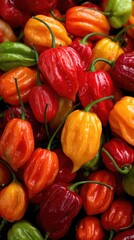 Habanero peppers in red orange yellow and green colors fresh spicy hot chili closeup for cooking and seasoning food ingredients in kitchen or market sale.