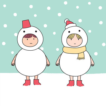 雪降るなかで雪だるまの着ぐるみを着た男の子と女の子（col、ベクター）