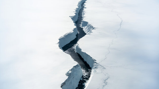 uriel. Aerial view of a deep lightning-shaped crack splitting a smooth glacier surface. travel magazines, destination branding, designed for travel destination branding, used by lab technicians.