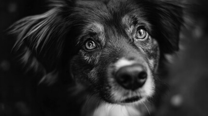 Fototapeta premium Dog portrait close up with focused eyes and detailed fur in black and white, showing emotion and texture in animal photography with shallow depth of field.