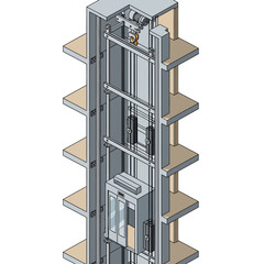 Detailed technical drawing of a modern elevator system with multiple floors. © Nubb