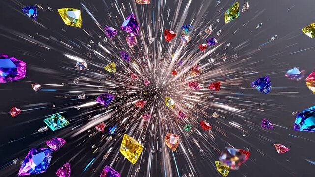 Colorful gemstones gathering dynamically with diamond shapes on dark background